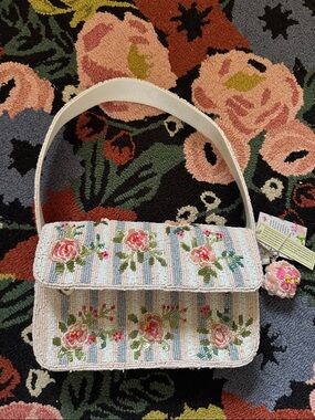 VIRAL TJMaxx India Beaded Bag Pnk Rose Flowers -BluePink White Stripes Bag Charm